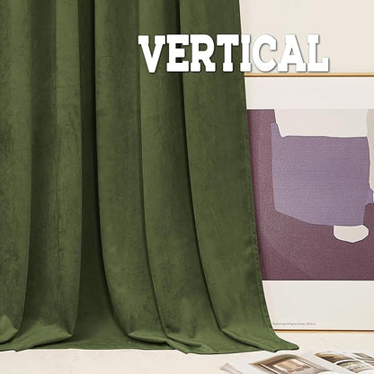 RYB HOME Olive Green Velvet Curtains 102 inches, Back Tab Soft Fabric Room Darkening Thermal Insulated Luxurious Home Decor Curtains for Living Room Bedroom, W 52" x L 102", 2 Panels Set