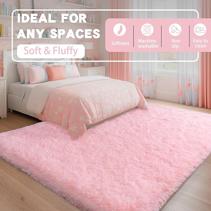 Pink Rugs for Bedroom Girls, 4x6 Fluffy Area Rug for Living Room, Soft Shag Carpet for Kids Room Dorm, Indoor Fuzzy Shaggy Rug, Cute Home Decor