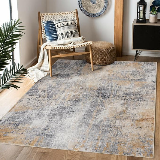 DomDomitapis Area Rug 3×5, Vintage Boho Rug,Ultra-Soft Low Pile, Washable, Non Slip,Stain Resistant Printed Carpet for Living Room Bedrooms Playroom Office Kitchen, Gold/Grey