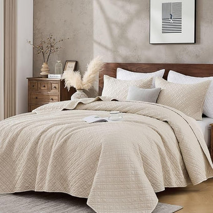 Queen Quilt Set with Shams Lightweight Quilted Bedspread Coverlet Thin Comforter Bed Cover Vintage Washed Quilted Blanket for All Season, Brushed Microfiber Diamond Stitching, Beige, 88"x92"