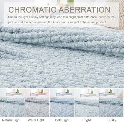 Chunky Knit Throw Blanket 60"X 80", 100% Handmade with Soft Chenille Yarn, 6.7lbs Thick Cable Knitted Blankets, Large Rope Knot Crochet Throws for Couch Sofa Bed Home Decor, Baby Blue