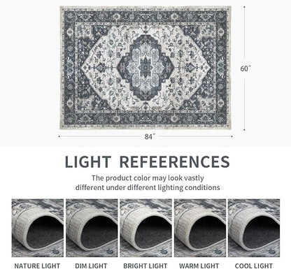 5x7 Vintage Washable Area Rug for Living Room,Low Pile Non Slip Carpet Non-Shedding Area Rug Soft Indoor Stain Resistant Rug Floral Print Mat for Bedroom Dining Room Blue Beige