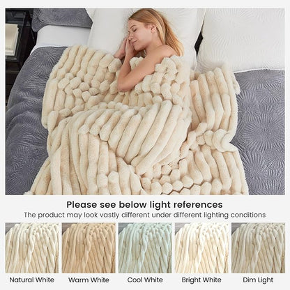 Cozy Bliss Faux Fur Throw Blanket for Couch, Cozy Warm Plush Striped Blanket for Sofa Bedroom Living Room, 60 * 80 Inches Beige