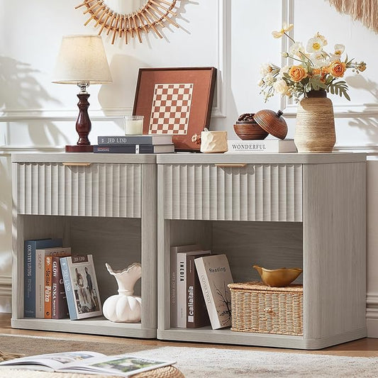 LEYAOYAO 23" Wide Fluted Farmhouse Night Stand Set of 2 with Charging Station, 1 Drawers Large End Table w/Metal Handle, LightGrey Nightstand Bedside Table,Wood Dresser for Bedroom, Closet