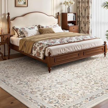 MontVoo-Vintage Area Rug 5X7 Beige Rugs for Living Room-Soft Distressed Printed Rugs for Bedroom-Non Slip Carpet-Machine Washable Rug for Dining Room Living Room Bedside Office