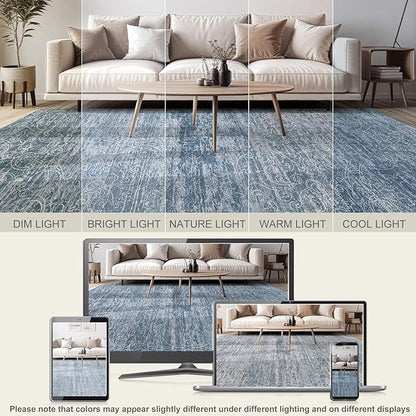 Area Rug Living Room Rugs - 5x7 Large Soft Indoor Neutral Modern Abstract Low Pile Washable Rug Carpet for Bedroom Dining Room Farmhouse Home Office - Dark Blue