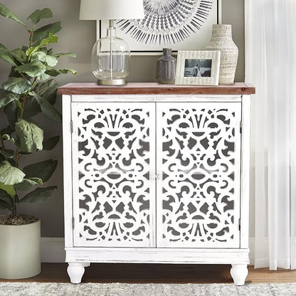 PHI VILLA White Accent Cabinet with Doors, Farmhouse Buffet Sideboard Hollow Carved Small Cabinets