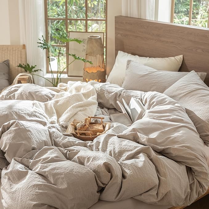 MooMee Wavy Striped Duvet Cover Set 100% Washed Cotton Linen Like Textured Breathable Durable Soft Comfy (Beige, Oversized Queen 98"x98")