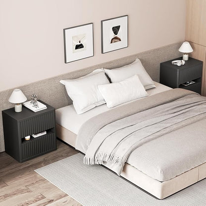 Dripex Fluted Nightstand with 2 Drawers, Large Wide Wood Night Stand Bedside Tables for Bedroom, Mid-Century Modern Storage Bed Side Table, End Tables for Living Room Sofa Couch, Black, Set of 2