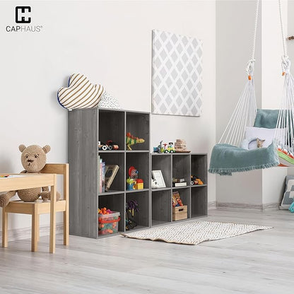 CAPHAUS Sturdy Room 11-Inch Cube Storage Organizer Shelf, with Thick Exterior Edge, Storage Shelf Divider w/Back, Bookcase, 9-Cube, Greige Oak