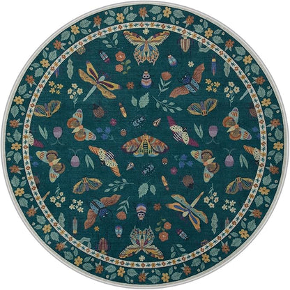 Lahome Insect Washable Round Rugs, Non-Slip Soft Round Rug 4ft Ultra-Thin, Small Boho Circle Carpet for Entryway Kitchen Bedroom Nursery Bathroom, Dark Green