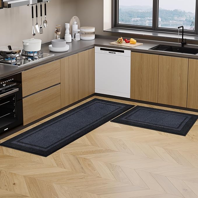Kitchen Rugs Set (24" x 36"+24" x 60"), Non-Slip Machine Washable Kitchen Runner Rugs Floor Mats, Absorbent Comfort Standing Mat for Kitchen, Sink and Hallway, Rolled Packaging, Bluish Grey & Charcoal