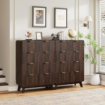 QUW Fluted Dresser for Bedroom with 5 Drawers, Modern 40.2" Tall Drawer Dressers with Metal Handle, Wooden Chest of Dresser for Living Room, Hallway, Dark Walnut