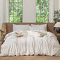 MooMee Striped Duvet Cover Set 100% Washed Cotton Linen Like Textured Breathable Durable Soft Comfy (White Almond Milk Grey Wide Stripes, Queen 90"x90")