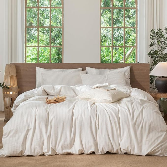MooMee Striped Duvet Cover Set 100% Washed Cotton Linen Like Textured Breathable Durable Soft Comfy (White Almond Milk Grey Wide Stripes, Oversized Queen 98"x98")