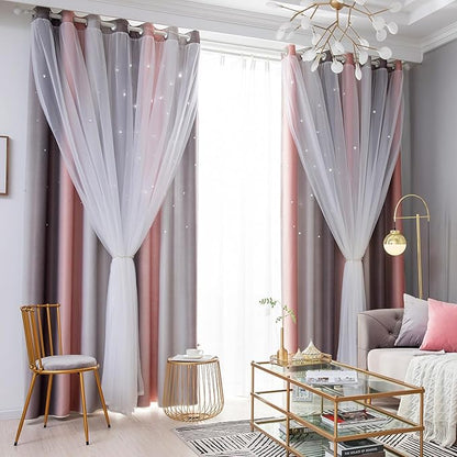 Star Blackout Curtains - Bedroom Cute Kids Rainbow, 63 Inch Long 2 Panels, Pink & Grey, 42 X 63 Inches