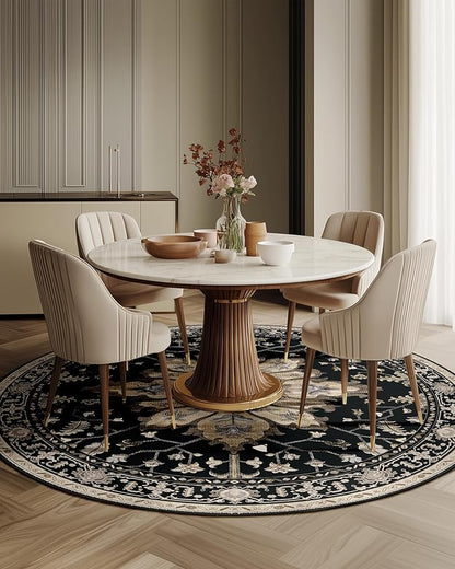 Area Rugs 6ft Washable Non-Slip, Floral Vintage Distress Print Pattern Medallion Carpet for Living Room Bedroom Dining Room, Black Brown Neutral Dark Tan