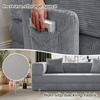 78.8" Convertible Futon Sofa Bed,Corduroy Futon Couch with Storage Pocket,Folding Pull Out Sofa,No Assembly Boneless Couch for Living Room,Grey