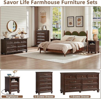 SAVOR LIFE Farmhouse Nightstand with Charging Station, Rustic Brown Nightstand, 2 Drawers End Table, Bedside Table with Open Shelf for Bedroom, Walnut