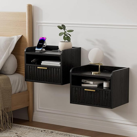 Fluted Floating Nightstand Set of 2, Wall Mounted Bedside Table with Storage Drawer and Open Shelf, Night Stand with Charging Station for Living Room, Bedroom, Dorm, Black
