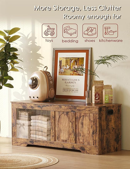 DINZI LVJ Storage Chest, 50” Extra Large Storage Bench with 2 Safety Hinges, Wooden Toy Box with Flip-Top, Large Trunk for Living Room, Playroom, Easy Assembly, Rustic Brown