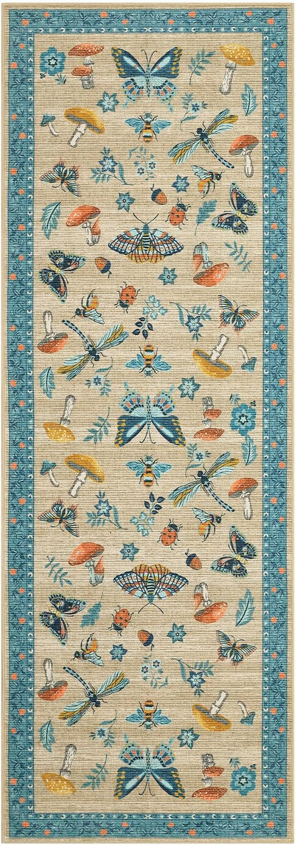 Mushroom Insect 2x6 Runner Rug for Hallway Washable Kitchen Rugs Non Slip with Rubber Back Khaki Blue Low-Pile Stain Resistant Indoor Carpet for Entryway Bathroom Laundry Dorm