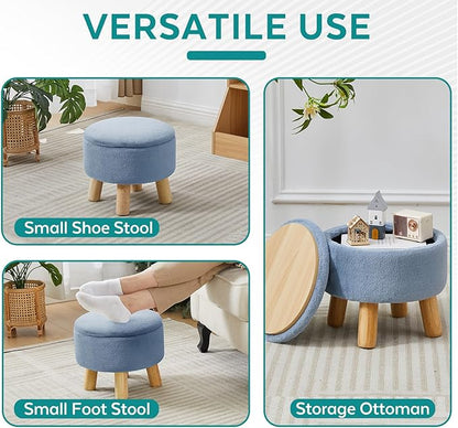 FIMIVIBI Small Foot Stool Ottoman with Storage, Soft Faux Fur Ottoman Foot Rest for Couch, Round Footstool with Storage, Small Ottomans and Footstools for Living Room and Entryway (Light Blue)