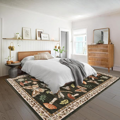 Mushroom Washable Rug 9x12 Area Rugs for Living Room, Insect Print Rug for Bedroom, Non Slip Throw Rugs with Rubber Back, Soft Low Pile Dining Room Under Table, Brown