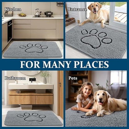 OLANLY Dog Door Mat for Muddy Paws 35x24, Paw Print Design, Absorbs Moisture and Dirt, Absorbent Non-Slip Washable Doormat, Quick Dry Chenille Mud Mat for Dogs, Entry Indoor Entryway Carpet, Grey