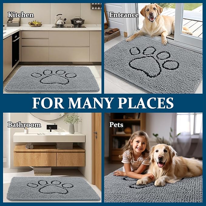 OLANLY Dog Door Mat for Muddy Paws 70x46, Paw Print Design, Absorbs Moisture and Dirt, Absorbent Non-Slip Washable Doormat, Quick Dry Chenille Mud Mat for Dogs, Entry Indoor Entryway Carpet, Grey