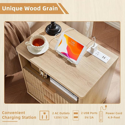 LEYAOYAO 48" Wide Fluted Dresser and 23" Nightstand Set of 2, Wooden Dresser & Night Stand with Charging Station, 3 Piece Bedroom Furniture Set, Chest of Drawer for Living Room,Natural Wood