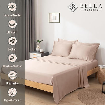 Bella Coterie 6 Piece Luxury Bamboo Viscose Split Top King Size Sheet Set | 34" Split for Adjustable Beds | 100% Organically Grown| Cooling | 18” Deep Pocket | 4 Pillowcases [Dusty Rose]