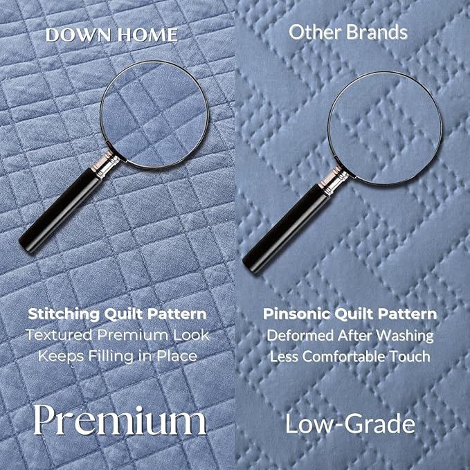 DOWN HOME Queen Quilt Set with Shams Lightweight Quilted Bedspread Coverlet Thin Comforter Bed Cover Vintage Washed Quilted Blanket for All Season, Brushed Microfiber Diamond Stitching, Blue, 88"x92"