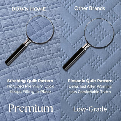 DOWN HOME Queen Quilt Set with Shams Lightweight Quilted Bedspread Coverlet Thin Comforter Bed Cover Vintage Washed Quilted Blanket for All Season, Brushed Microfiber Diamond Stitching, Blue, 88"x92"