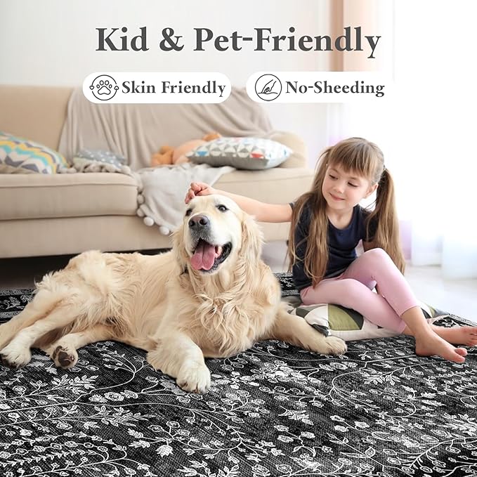 Area Rugs 5x7, Machine Washable Vintage Black Rugs for Living Room Large Carpets Indoor Floor Non Slip Distressed Rug Soft Area Rug for Bedroom Dining Room Home Office | Black