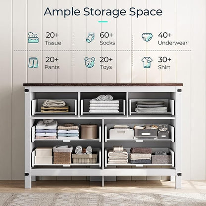 LINSY HOME Farmhouse Dresser for Bedroom with 7 Drawers, 53” Wide Rustic Wood Chest with Deep Drawer, Modern Dressers with Storage and Metal Handles for Closet, Living Room, Hallway, Off White