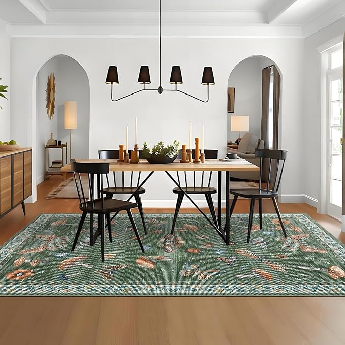 Mushroom Washable Rug 5x7 Area Rugs for Living Room, Insect Print for Bedroom, Non Slip Throw Rugs with Rubber Back, Soft Low Pile Dining Room Carpet for Under Table, Green