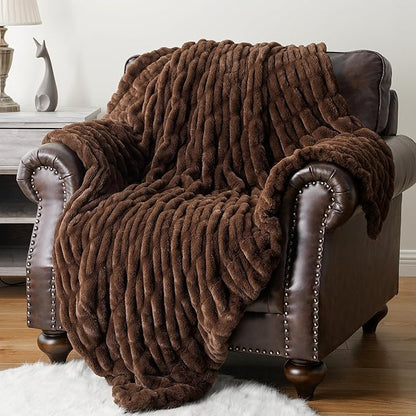 BATTILO HOME Chocolate Brown Faux Fur Throw Blanket for Couch, Double Side Reversible Ruched Rabbit Fur Blanket for Couch, Bed, Super Soft Cozy Warm Mink Blanket, 50x60 Inches