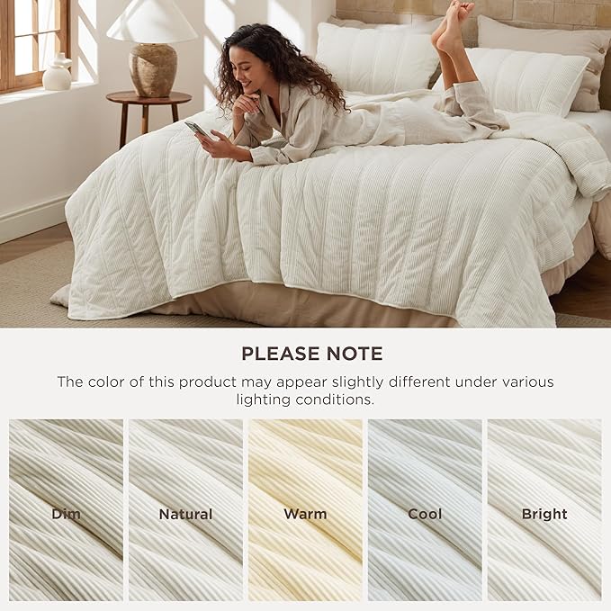 Bedsure Luxury Velvet Quilt Queen Size - Lightweight Velvet Ivory Fluffy Comforter Set, Oversized Corduroy Bedspread Coverlet Winter Bedding Set, Pet-Friendly, Tear-Resistant, Ultra-Soft, 90"x96"