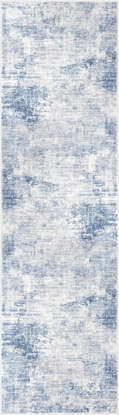 IOHOUZE Abstract Runner Rug 3x10 Ft Washable Runners for Hallways, Non Slip Kitchen Runner Printed Faux Wool Entryway Runner Indoor, Modern Abstract Floor Carpet for Hall Bedroom, Light Blue White