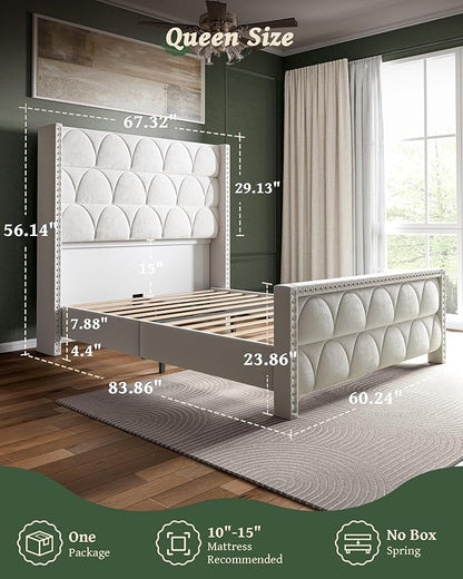 Queen Size Bed Frame with 56" Headboard - Velvet Upholstered Wingback Platform Bed Frame, Noise Free, Sturdy Wooden Slat Support (Cream, Queen)