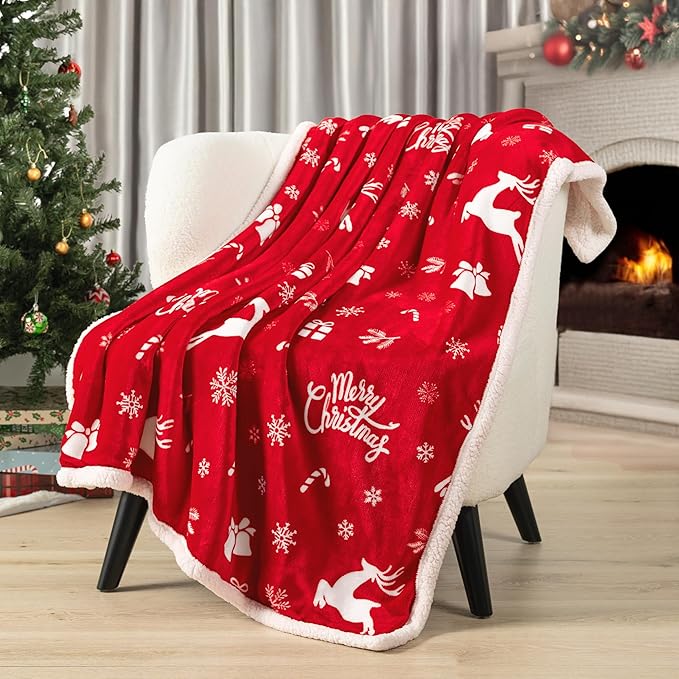 PAVILIA Red Reindeer Christmas Sherpa Throw Blanket, Ultra Soft Reversible Fleece Sherpa 50x60 Winter Blanket for Couch & Bed, Cozy Christmas Home Decor Holiday