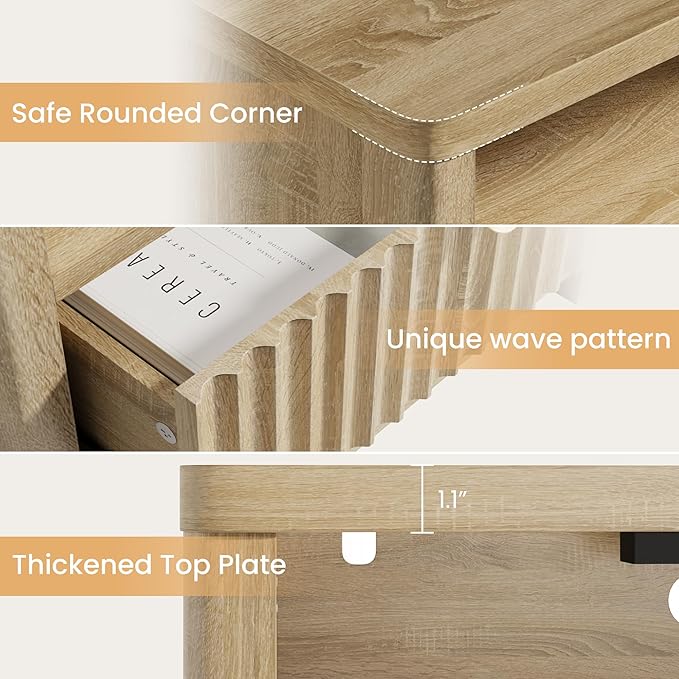 CypBed Night Stand with Charging Station, Bedside Tables with 2 Drawers & Storage Shelf, Wood Fluted Nightstand with Rounded Corner Design, Modern End Table for Bedroom, Easy Assembly