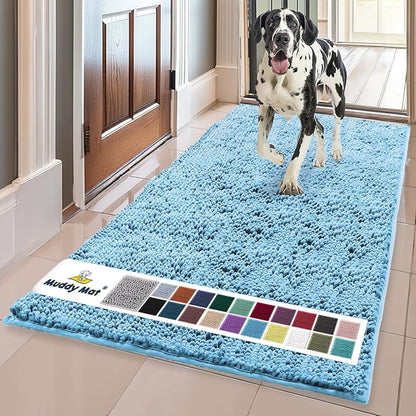 Muddy Mat® | Super Absorbent Door Mat Indoor, Microfiber Quick Dry Chenille Entryway Rug, Non-Slip Front Door Mat, Indoor Mats for Entryway, Machine Washable Pet Rug, Sky Blue 24" x 120"