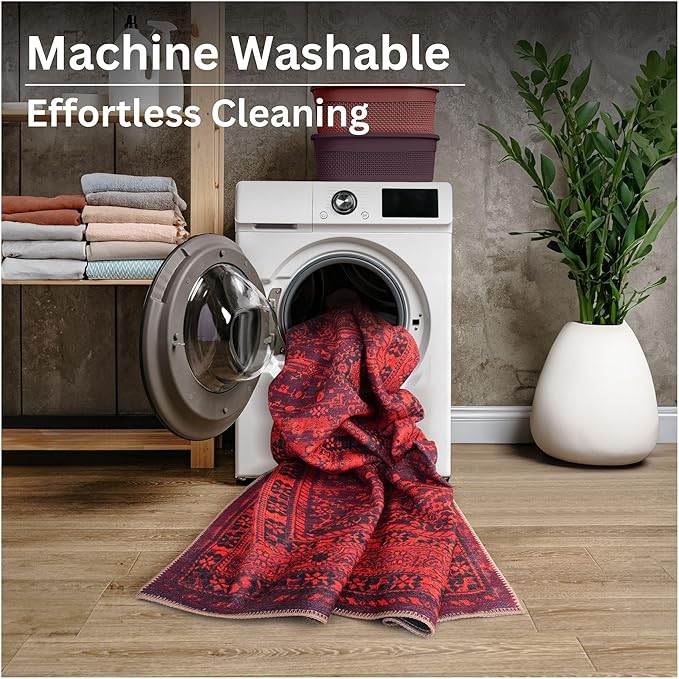 Bloom Rugs Washable Non-Slip 8' x 10' Rug - Red Traditional Bordered Area Rug for Living Room, Bedroom, Dining Room, and Kitchen - Exact Size: 8' x 10'