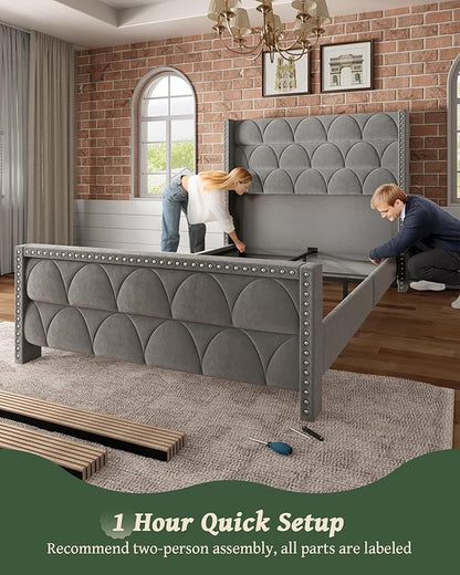 Queen Size Bed Frame with 56" Headboard - Velvet Upholstered Wingback Platform Bed Frame, Noise Free, Sturdy Wooden Slat Support (Deep Gray, Queen)
