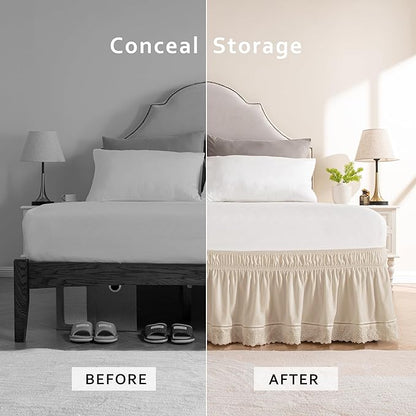 MIYE Wrap Around Ruffled Lace Bed Skirt, Elastic Dust Ruffle with Adjustable Belts, Easy to Put On, Bed Frame Cover, Machine Washable (Embroidered/Light Beige, King/Queen-12.5" Drop)