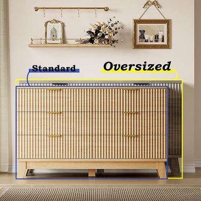 53" Long Dresser for Bedroom, 6-Drawer Dresser with Fluted Fronts, Wide Wood Chest of Drawers, Smooth Metal Slides, Stable Base, Modern Clothes Storage Cabinet for Living Room, Hallway