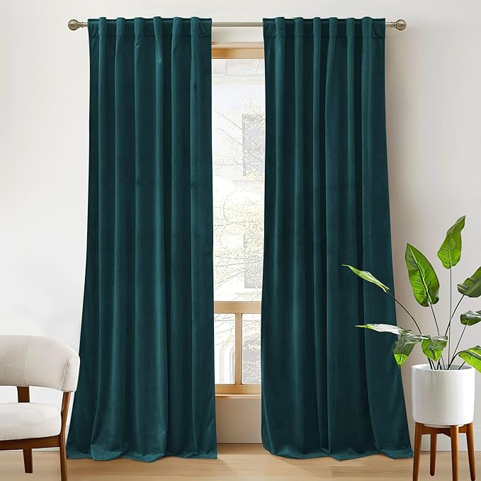 RYB HOME Velvet Curtains 102 inches Long, Back Tab Room Darkening Noise Reducing Window Treatment for Living Room Bedroom Privacy Protect for Stuido, Peacock Blue, W52 x L102 inch, 2 Panels