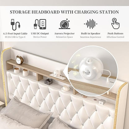 Queen LED Bed Frame with 2 Storage Drawers, PU Upholstered Platform Beds with Galaxy Star Projector Charging Station Speaker, Aurora Bedframe with 2-Tier Storage Headboard, Noise-Free, White